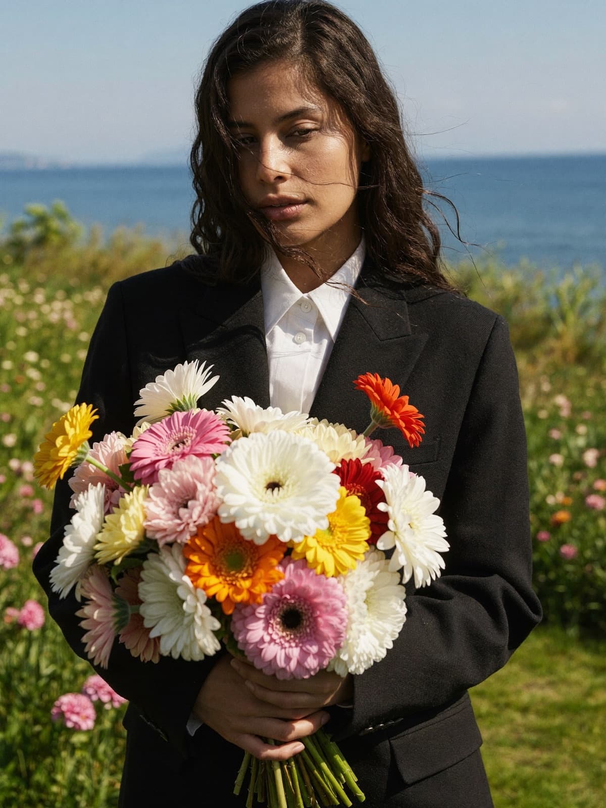 Nina Brenes holding a bouquet by the sea